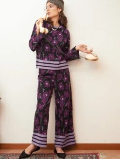 Freizeitanzug Kuschel Cotton LILA BLUMEN Zwei-teilig Von Fiori Di Chiara -Pink Zebra hausanzug blume lila fc9139 chiara fiorini 2 1