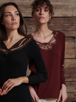 Merino Wolle-Seide LANGARMSHIRT Bordeaux Mit Makramee Spitze Von Oscalito -Pink Zebra langarm shirt wolle seide 6454 bordeaux oscalito 1