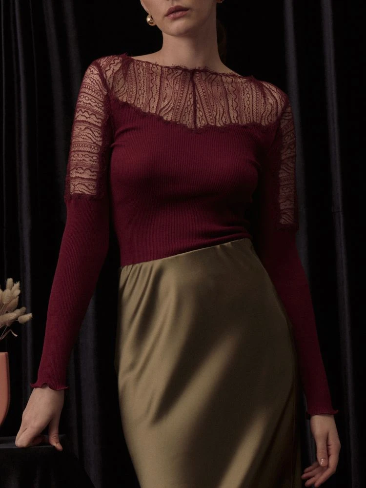 Wolle-Seide LANGARMSHIRT Gerippt Weinrot Mit Spitze Von Oscalito 4 Wolle-Seide LANGARMSHIRT Gerippt Weinrot Mit Spitze Von Oscalito – Bild 2