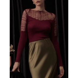 Wolle-Seide LANGARMSHIRT Gerippt Weinrot Mit Spitze Von Oscalito 3 Wolle-Seide LANGARMSHIRT Gerippt Weinrot Mit Spitze Von Oscalito