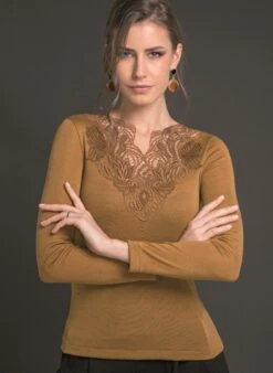 Merinowolle Seide LANGARM SHIRT Cognac-beige Mit Makramee Spitze Von Artimaglia 6 Merinowolle Seide LANGARM SHIRT Cognac-beige Mit Makramee Spitze Von Artimaglia -Pink Zebra langarmshirt wolle seide vintage spitze 75504 cognac artimaglia 1