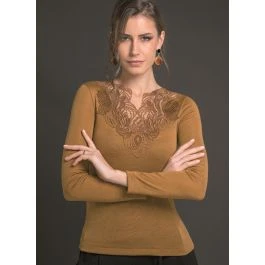 Merinowolle Seide LANGARM SHIRT Cognac-beige Mit Makramee Spitze Von Artimaglia 3 Merinowolle Seide LANGARM SHIRT Cognac-beige Mit Makramee Spitze Von Artimaglia