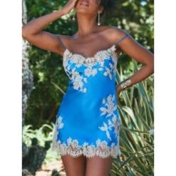 Seide Mini Combinette APPOLINE In Azurblau Mit Spitze Von Marjolaine