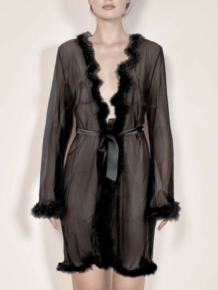 Morgenmantel Mit Federn MARILYN Schwarz Von Escora 7 Morgenmantel Mit Federn MARILYN Schwarz Von Escora – Bild 5