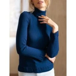 100% Wolle ROLLKRAGEN SHIRT Breite Rippe Indigoblau Von Artimaglia