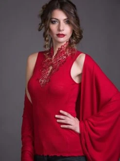 Merinowolle-Seide Stehkragen TOP Mit Spitze Von Artimaglia -Pink Zebra seide merino shirt top 7031 69405 rot artimaglia