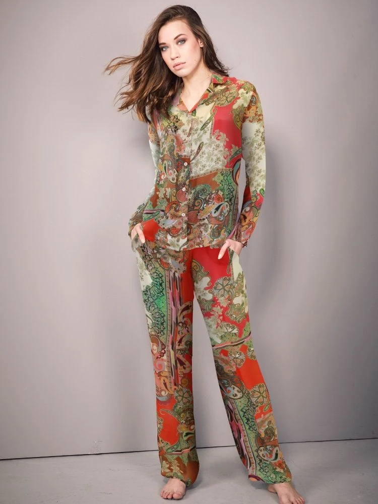 100% Seide Pyjama GRENADINE Rot Gold Von Fürstenberg 4 100% Seide Pyjama GRENADINE Rot Gold Von Fürstenberg – Bild 2