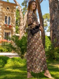 Seide Kleid OPHELIE Lang Mousseline Von Marjolaine -Pink Zebra seidenkleid lang ophelie 2oph3003 blumenmuster schwarz 0104 marjolaine 3 1