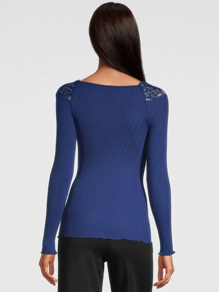 Merino Wolle-Seide LANGARMSHIRT Gerippt Blau Leavers Spitze Von Oscalito 6 Merino Wolle-Seide LANGARMSHIRT Gerippt Blau Leavers Spitze Von Oscalito – Bild 4