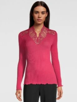 Merino Wolle-Seide Stehkragen Shirt Gerippt Fuchsia Calais Spitze Von Oscalito -Pink Zebra shirt langarm leavers spitze fuxia 6623 oscalito