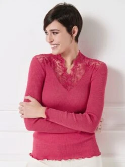 Merino Wolle-Seide Stehkragen Shirt Gerippt Fuchsia Calais Spitze Von Oscalito -Pink Zebra shirt langarm leavers spitze fuxia 6623 oscalito 5 1