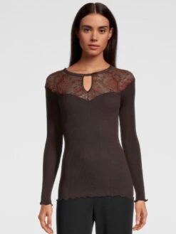 Merino Wolle-Seide LANGARMSHIRT Gerippt Mokka Calais Spitze Von Oscalito -Pink Zebra shirt langarm leavers spitze moka 6624 oscalito