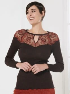 Merino Wolle-Seide LANGARMSHIRT Gerippt Mokka Calais Spitze Von Oscalito -Pink Zebra shirt langarm leavers spitze moka 6624 oscalito 4 1