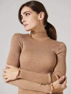 Merinowolle-Seide Mockneck Shirt Gerippt Basic Von Oscalito -Pink Zebra shirt langarm mockneck basic ripp camel 3429 oscalito