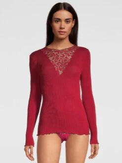 Merinowolle-Seide LANGARM SHIRT Rot Gerippt Von Oscalito -Pink Zebra shirt langarm tuellspitze rot 6667 oscalito