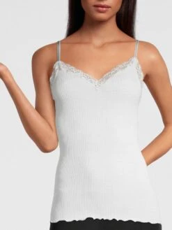 Merinowolle-Seide Spaghettiträger Unterhemd Gerippt Mit Calais Spitze Von Oscalito -Pink Zebra spaghettitr ger unterhemd 3408 weiss oscalito 1