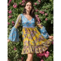 Tunikakleid Mit Seide PAOLA Blau-gelb Von Laetitia Beachwear