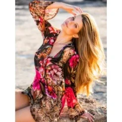 100% Seide Tunika PEONIE Schwarz Pink Von Fürstenberg