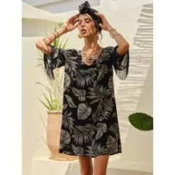 Tunikakleid Kurz LEAVES Schwarz-weiß Von Fiori Di Chiara