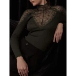 Wolle-Seide Langarmshirt Mit Floraler Spitze In Moosgrün Von Oscalito