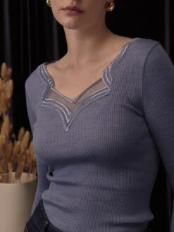 Wolle-Seide Langarm-Shirt Jeansblau Mit Spitze Von Oscalito -Pink Zebra wolle seide langarmshirt spitze 7424 492 ortensia oscalito 1