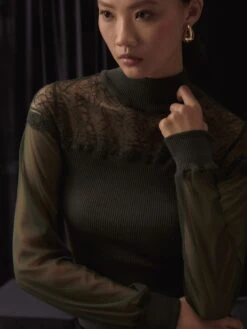 Moosgrünes Wolle-Seide Rippjersey LANGARMSHIRT Mit Tüllärmeln Von Oscalito -Pink Zebra wolle seide langarmshirt t ll 7408 932bosco oscalito 2 1 1