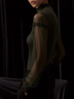 Moosgrünes Wolle-Seide Rippjersey LANGARMSHIRT Mit Tüllärmeln Von Oscalito -Pink Zebra wolle seide langarmshirt t ll 7408 932bosco oscalito 1